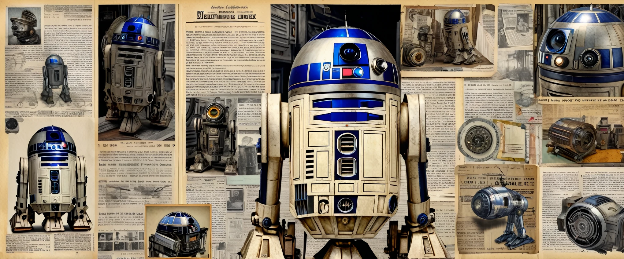 a mixed media scrapbook page, r2-d2,sci-fi,infographic,robotic mechanics,newspaper clippings,vintage photos,sketches,postcards,collage,detailed textures,intricate details,high quality,photorealistic,professional,studio lighting,8k,extremely detailed,masterpiece
