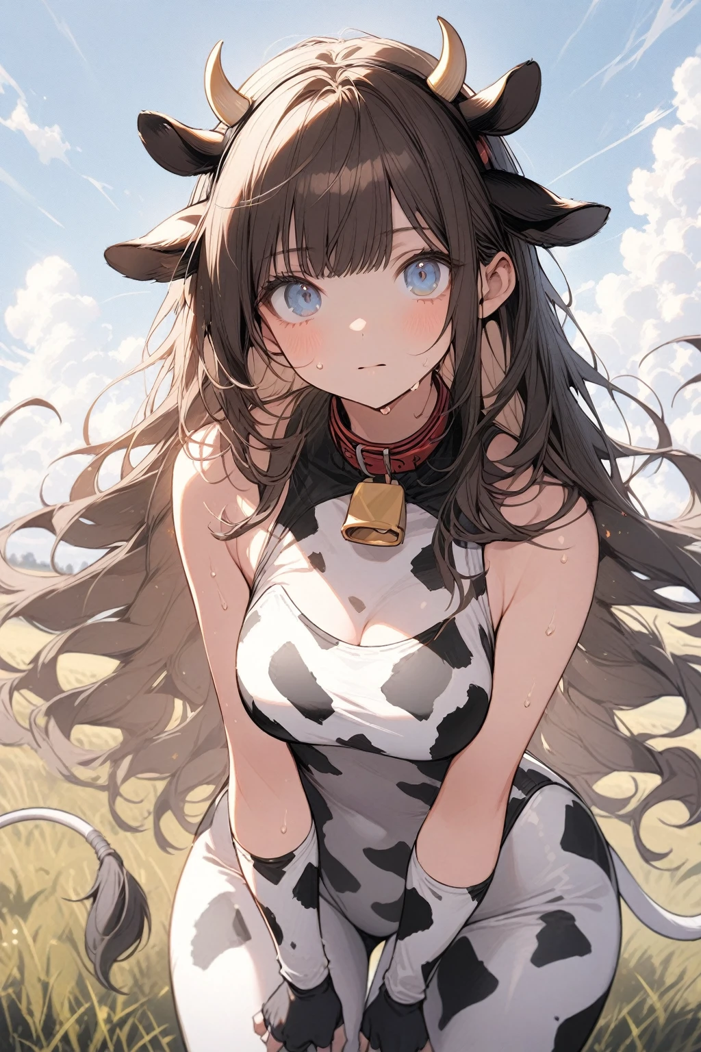 1 girl, blue eyes, brown hair, long hair with bangs, flowing hair, dressed in leotard, cow print, cow ears, cow tail, fingerless black gloves, neckline, medium chest, large hips, standing outside in the middle of a field, day, beautiful clouds, sweat on all over the body, specks of dust in the air, looking at the viewer, background color, detailed, beautiful, delicate tones