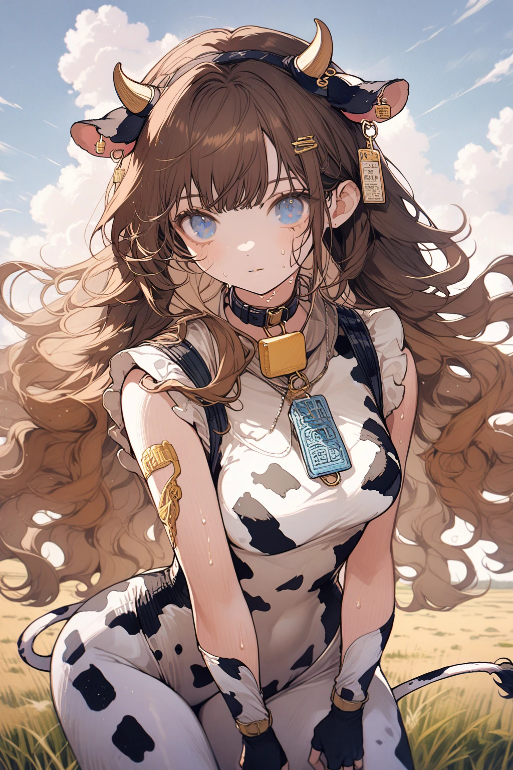1 girl, CuteStyle, blue eyes, brown hair, long hair with bangs, flowing hair, dressed in leotard, cow print, cow ears, cow tail, fingerless black gloves, neckline, medium chest, large hips, standing outside in the middle of a field, day, beautiful clouds, sweat on all over the body, specks of dust in the air, looking at the viewer, background color, detailed, beautiful, delicate tones
