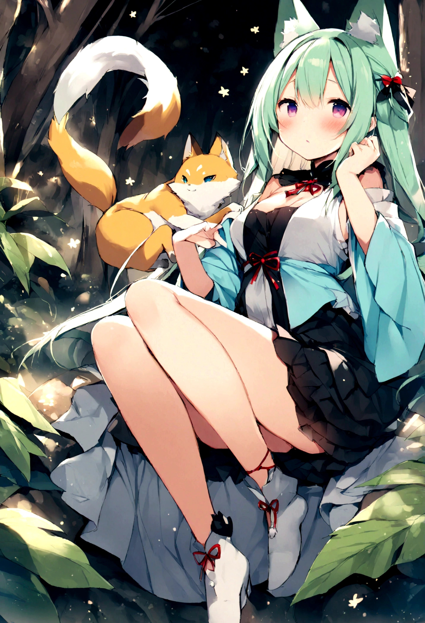 girl who is a fox in a forest, kawai
