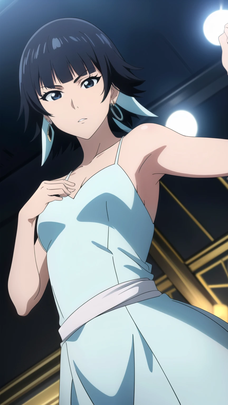 soifon, soifon, short hair, bangs, black hair, short hair with long locks, (black eyes:1.2), small breasts,(slender:1.2), (light blue party dress, earrings, party venue:1.2), 
dynamic pose, dynamic angles, looking at viewer,
 (masterpiece best quality, 8k:1.2),(anime), high resolution, unity 8k wallpaper, (illustration:0.8), (beautiful detailed eyes:1.2), extremely detailed face, perfect lighting, extremely detailed CG, (perfect hands, perfect anatomy),