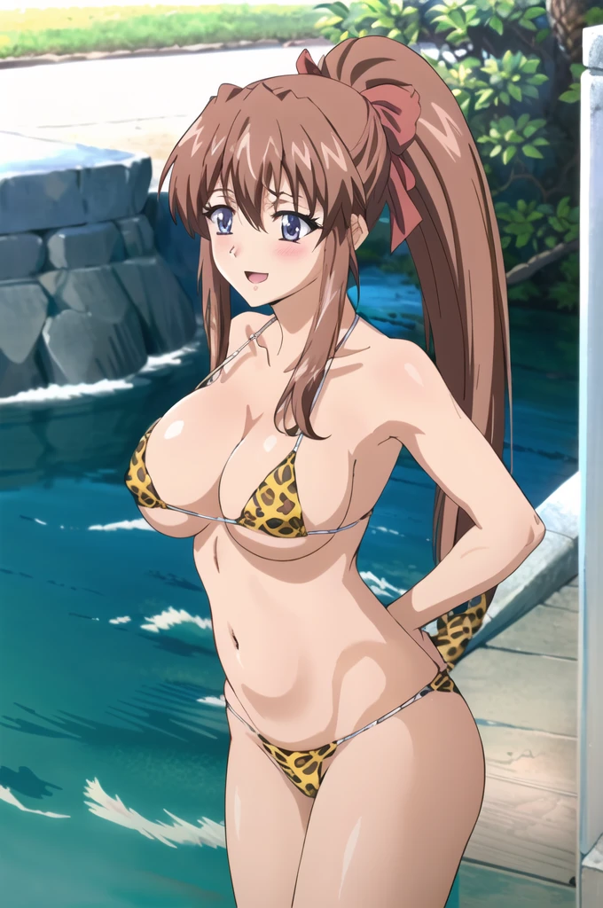 (masterpiece, 4K, highest quality, anime style: 1.9, Detailed face, Lovely, Ocean,Bold Line, High resolution, anime, Lake 4. alone, Curvaceous, Thighs, Cleavage, Center of chest, smile, Please open your mouth wide, Very slim belly, Cowboy Shot, Leopard print micro bikini,1 girl,ponytail,true blue,kanzaki aoi,Red hair ribbon,blush,For macho men