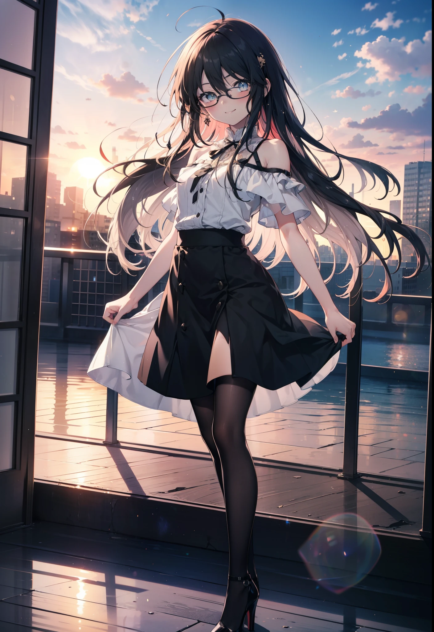 Shana,灼眼のShana,Ahoge,Long Hair,Black, Iris, Small breasts,happy smile, smile, Close your mouth,blush,Black-rimmed glasses,Cold shoulder tops,Short sleeve,Long skirt,Black pantyhose,Stiletto heels,walking,morning,morning陽,The sun is rising,whole bodyがイラストに入るように,
break looking at viewer, whole body,
break outdoors, Building district,
break (masterpiece:1.2), highest quality, High resolution, unity 8k wallpaper, (shape:0.8), (Beautiful and beautiful eyes:1.6), Highly detailed face, Perfect lighting, Highly detailed CG, (Perfect hands, Perfect Anatomy),