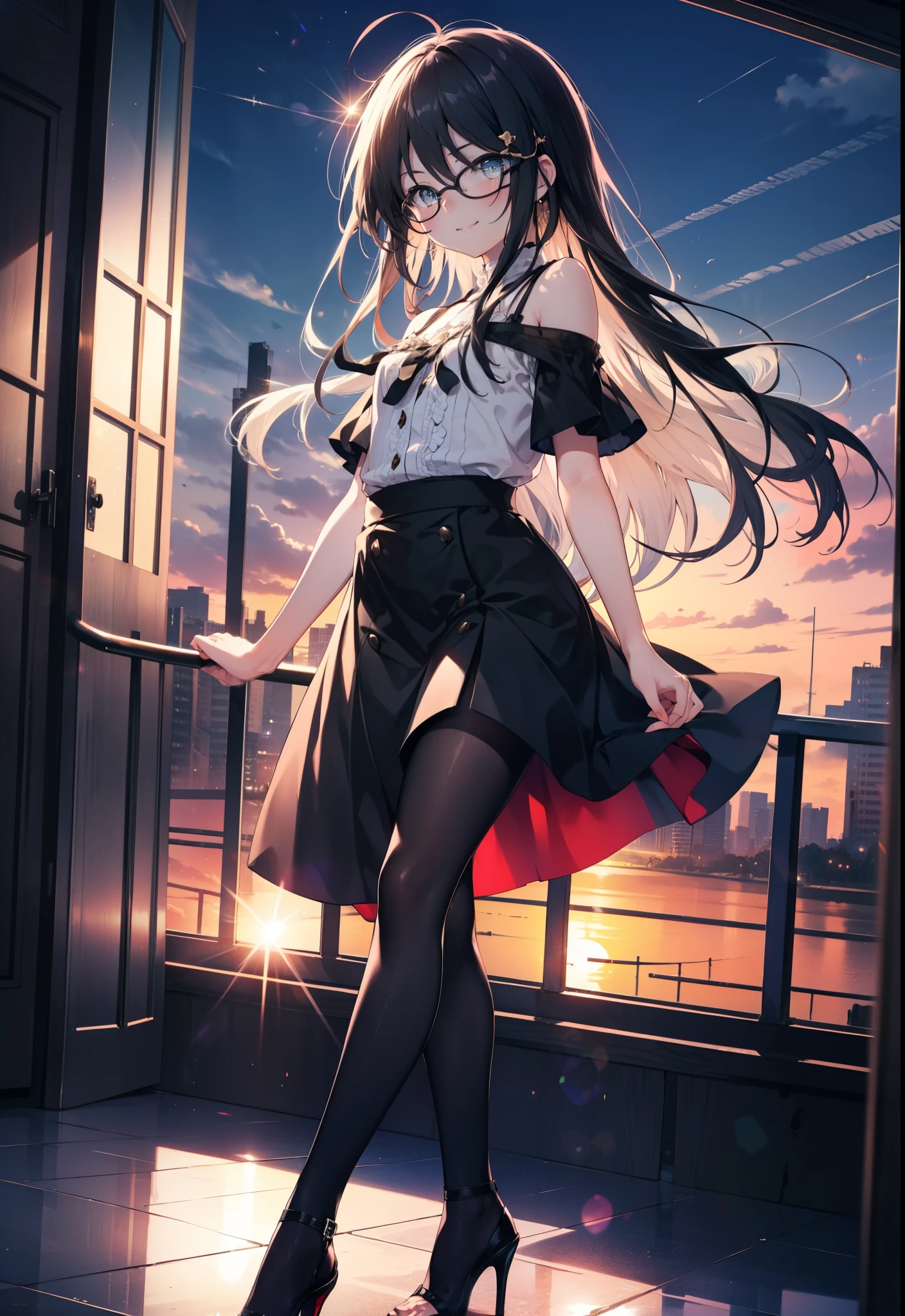 Shana,灼眼のShana,Ahoge,Long Hair,Black, Iris, Small breasts,happy smile, smile, Close your mouth,blush,Black-rimmed glasses,Cold shoulder tops,Short sleeve,Long skirt,Black pantyhose,Stiletto heels,walking,morning,morning陽,The sun is rising,whole bodyがイラストに入るように,
break looking at viewer, whole body,
break outdoors, Building district,
break (masterpiece:1.2), highest quality, High resolution, unity 8k wallpaper, (shape:0.8), (Beautiful and beautiful eyes:1.6), Highly detailed face, Perfect lighting, Highly detailed CG, (Perfect hands, Perfect Anatomy),