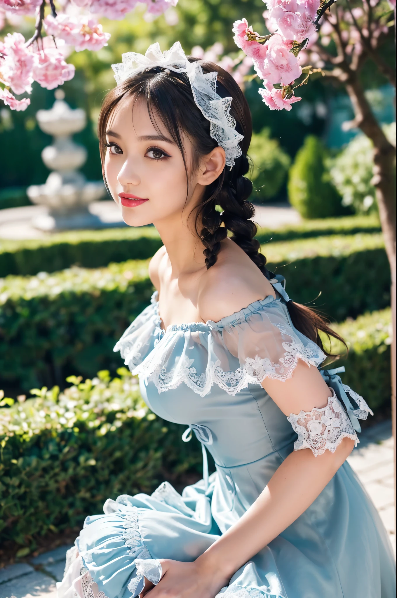 (((Gothic Lolita Fashion:1.3)),(((lace off shoulder dress))),(((Costume with intricate lace details))),(Emphasis on large breasts:1.3),(europe castle background:1.3),Cinderella's Castle,(Flower bed with colorful flowers in the garden),(crouching down:1.3),Cute and beautiful girl,Cute round face,Cute smile,with blush cheeks,bold lipstick,(silver white hair,Floral braided headband,half up、Floral Braided Space Van,Voluminous Fishtail Braids,Twisted chignon,),(Bangs are see-through bangs),hair pin,hair adornments,detailed clothes features,Detailed hair features,detailed facial features,(Dynamic angles),(Dynamic and sexy poses),professional lighting,Cinematic Light,(masutepiece,top-quality,Ultra-high resolution output image, depth of fields,) ,(32k quality,depth of fields,Anatomically accurate facial structure,),(Sea Art 2 Mode:1.3),(Image Mode Ultra HD,)