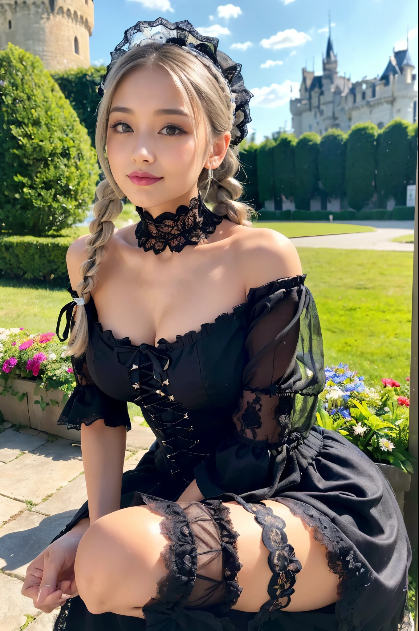 (((Gothic ta Fashion:1.3)),(((lace off shoulder dress))),(((Costume with intricate lace details))),(Emphasis on large breasts:1.3),(europe castle background:1.3),Cinderella's Castle,(Flower bed with colorful flowers in the garden),(crouching down:1.3),Cute and beautiful girl,Cute round face,Cute smile,with blush cheeks,bold lipstick,(silver white hair,Floral braided headband,half up、Floral Braided Space Van,Voluminous Fishtail Braids,Twisted chignon,),(Bangs are see-through bangs),hair pin,hair adornments,detailed clothes features,Detailed hair features,detailed facial features,(Dynamic angles),(Dynamic and sexy poses),professional lighting,Cinematic Light,(masutepiece,top-quality,Ultra-high resolution output image, depth of fields,) ,(32k quality,depth of fields,Anatomically accurate facial structure,),(Sea Art 2 Mode:1.3),(Image Mode Ultra HD,)