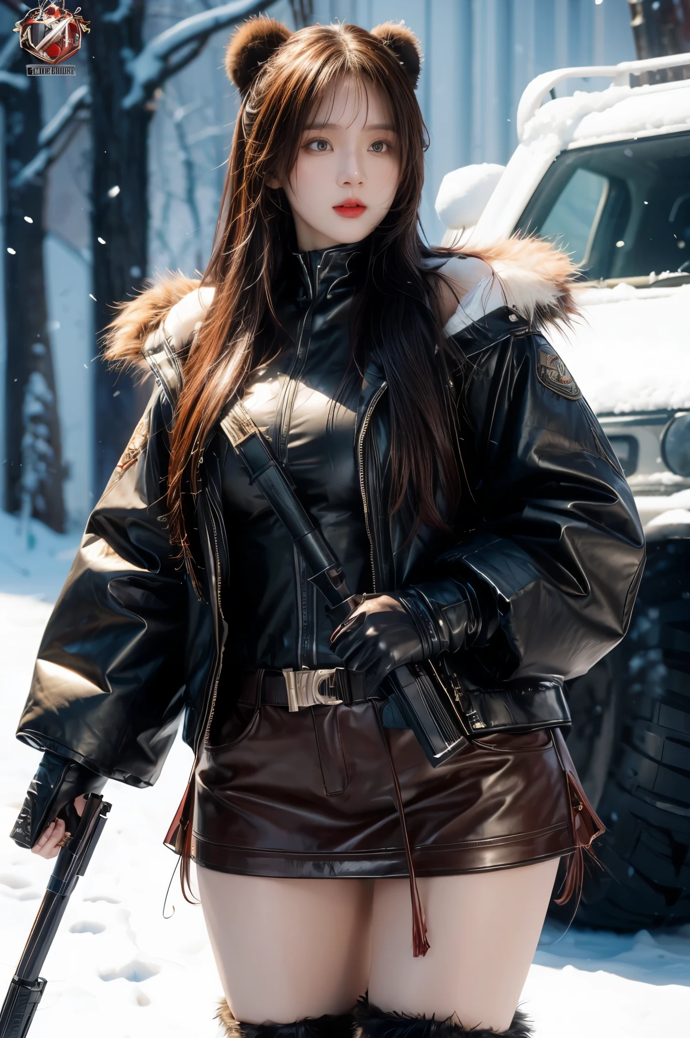 Huntress girl holding rifle，Snow Fighting Pose,East,Blade and Soul,Ink style,long red hair,Leather and fur coats,cold,artwork,3D,4K,detailed,Practical