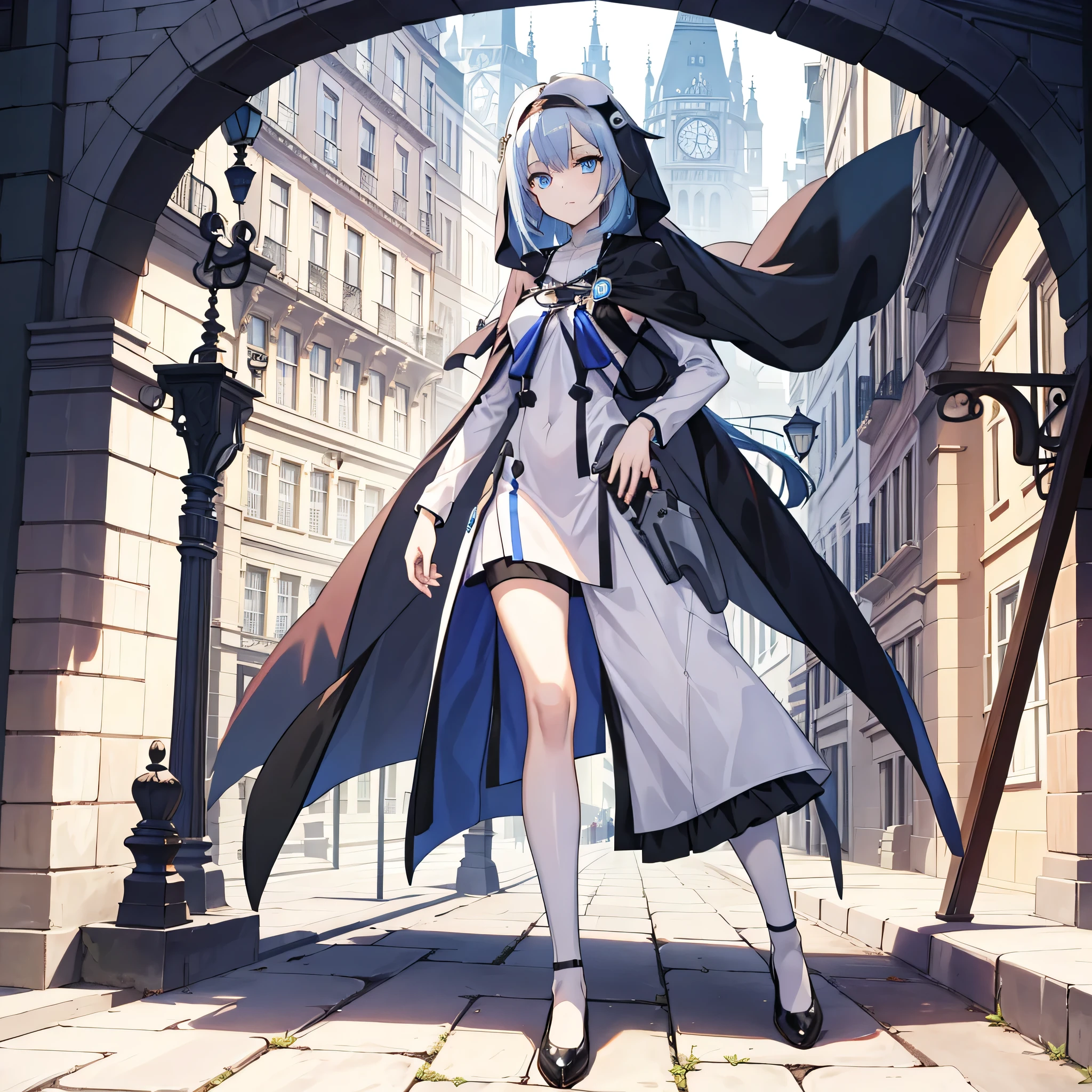 （Masterpiece, Best quality:1.2)A blue-haired，white headgear，blue eyes 1 girl，solo person，adolable，ElysiaHoH，city street background,wearing nun costume,