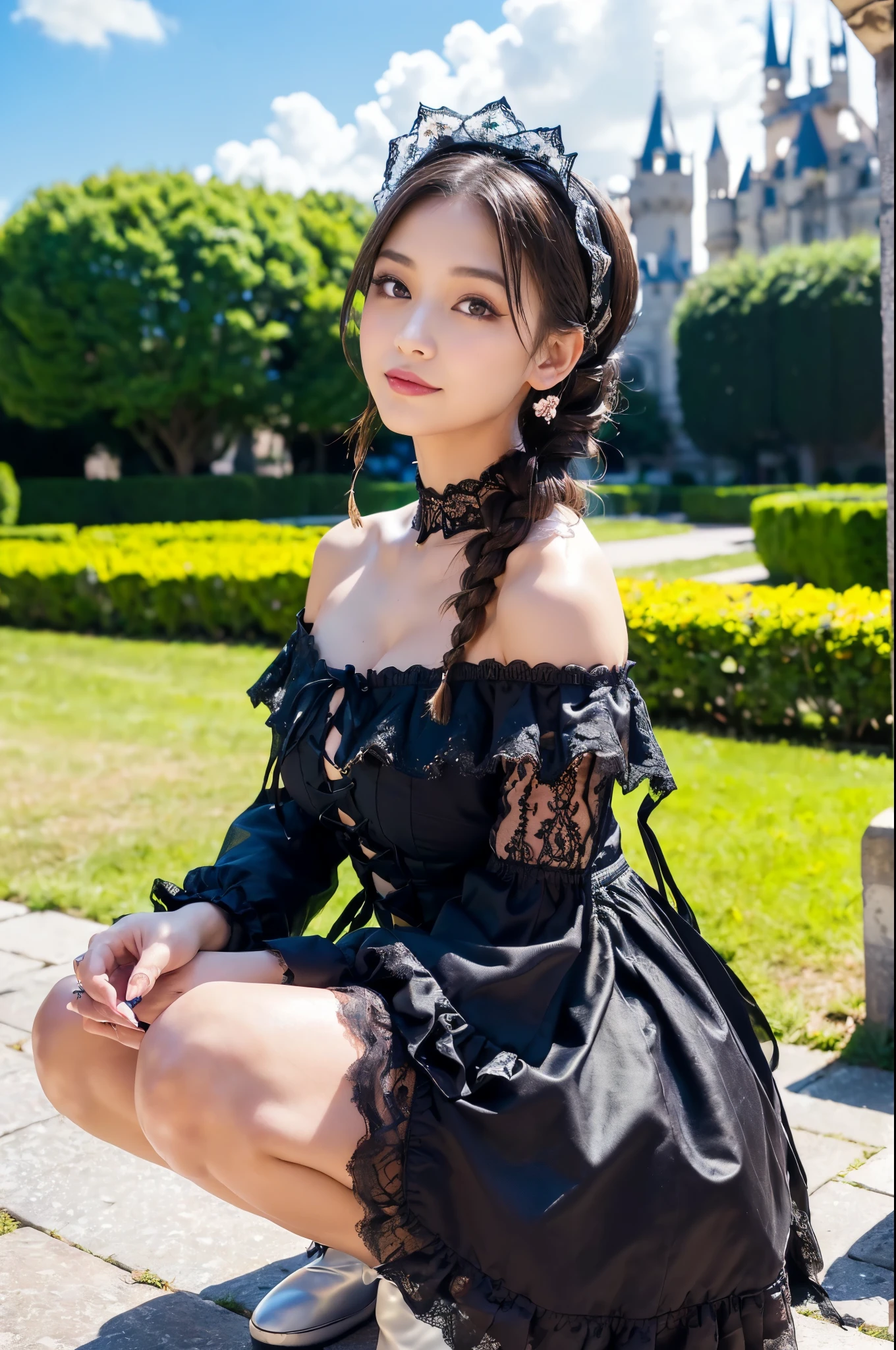 Ultra high definition、masterpiece、correct、Anatomically correct、Textured skin、Very detailed、High detail、high quality、最high quality、High resolution、8k、Surrealism、Raw photo、whole body、Beautiful Teenage Woman、One Japanese woman、Big beautiful eyeedium chest、Black hair, semi-long, twin tails、Off the shoulder、Medieval Gothic Lolita Dress、Standing in front of an old mansion