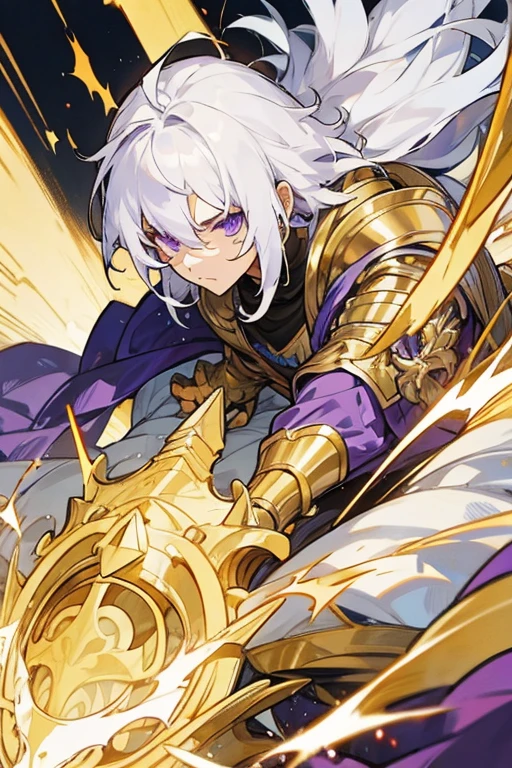 Muscular 30 year old man white hair purple eyes golden armor with scars