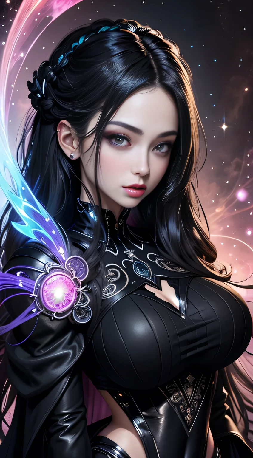Beautiful demon girl，（best qualtiy，8K，tmasterpiece:1.3），Goose egg face，largeeyes，long eyelasher，With bangs，Cool handsome，Domineering，Exquisite（live-action realistic style），Star-like eyes，Ultimate face，Photorealistic light and shadow，Clear facial features，Milky white skin，Fair skin， highdetailskin， Realistic skin details， Visible Pore，（Super detail），Petite body，Carmelto， full bodyesbian，She wears long loose black hair and reaches her waist，（hair flowing）， Smoothness，Huge wings，Crystal wings，（Super detail），Cloaked in simple armor，（（dynamicposes）Suspended in the air），（（Two ice planet backgrounds，Binary orbital flight，space，Sea of Stars）），((Dynamic background((Purple lightning)) ，Dramatic scenes