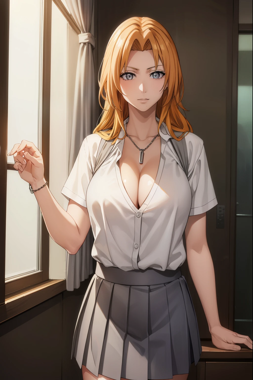 rangikumatsumoto, rangiku matsumoto, long hair, (grey eyes:1.5), orange hair, mole, mole under mouth, parted bangs, smile,
BREAK skirt, shirt, cleavage, jewelry, , pleated skirt, necklace, chain, collar, short sleeves, grey skirt, white shirt,
BREAK indoors, classroom,
BREAK looking at viewer, (cowboy shot:1.5),
BREAK (masterpiece:1.2), best quality, high resolution, unity 8k wallpaper, (illustration:0.8), (beautiful detailed eyes:1.6), extremely detailed face, perfect lighting, extremely detailed CG, (perfect hands, perfect anatomy),