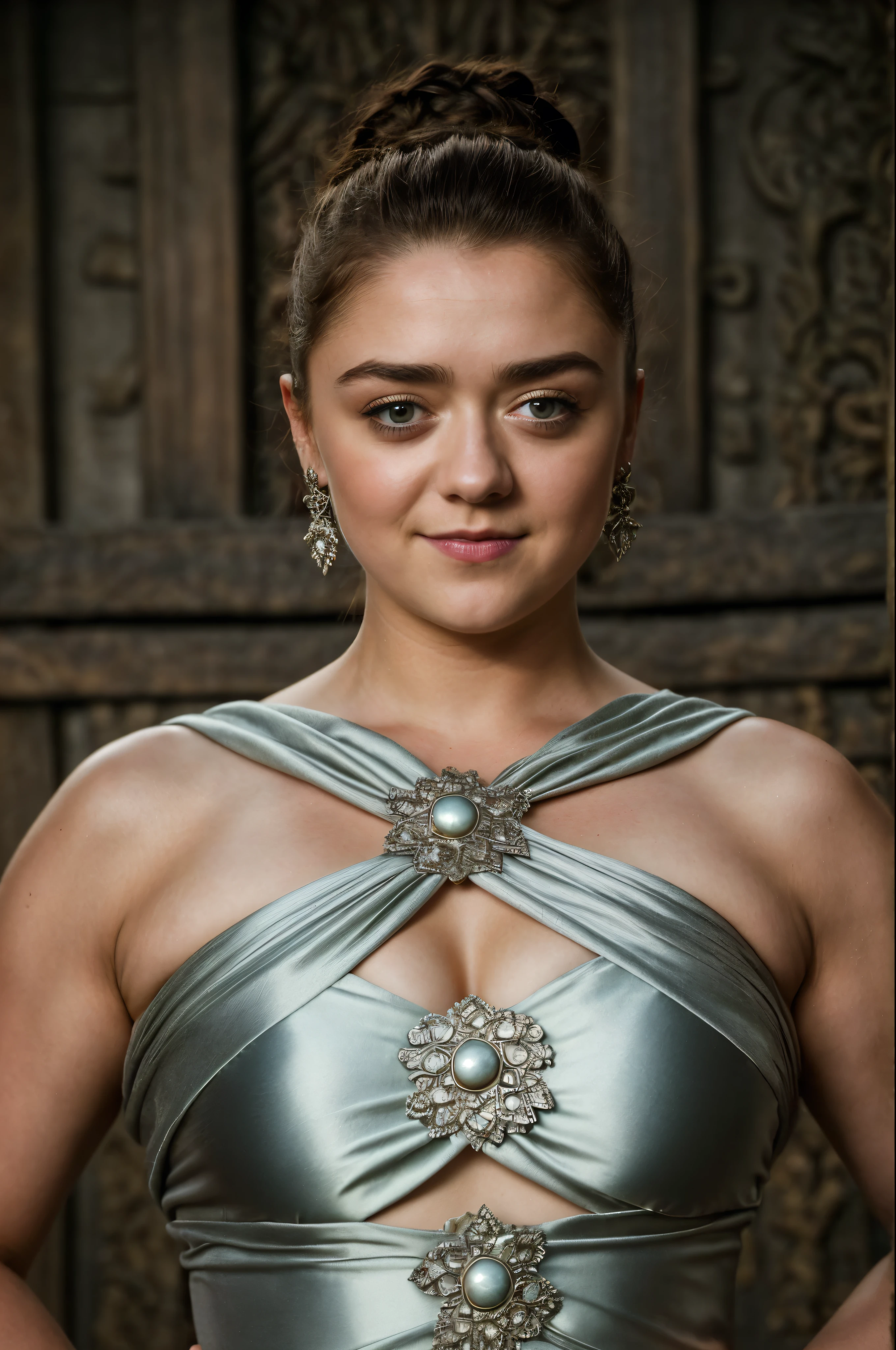 Foto RAW, Arya Stark, Stunning Beauty, Ravishing, Enchantress, Extremely gorgeous lady, Arya Stark PLAYED BY MAISIE WILLIAMS, Queen Arya Stark, she  a mature woman now, milf, sexy mediaeval battle dress, gladiator woman, body, 40 years old Woman, Roman slave dress, cotton dress, busty mediaeval costumes, body revealing costumes, perky breast, big natural breast, erotic costumes, lusty physique, seductive figure can capture every people's attention, Game of thrones costumes, revealing captivating figure, Mediaeval costumes, revealing clothes, A tomboy, she would rather fence than dance, warrior queen , game of thrones screen caps, Game of Thrones Series, (pele altamente detalhada: 1.2), 8k UHD, DSLR, soft-lighting, alta qualidade, grain of film, Fujifilm XT3, flawless picture, highly detailed, detailed Beauty, intricate, 32k, sharp picture,