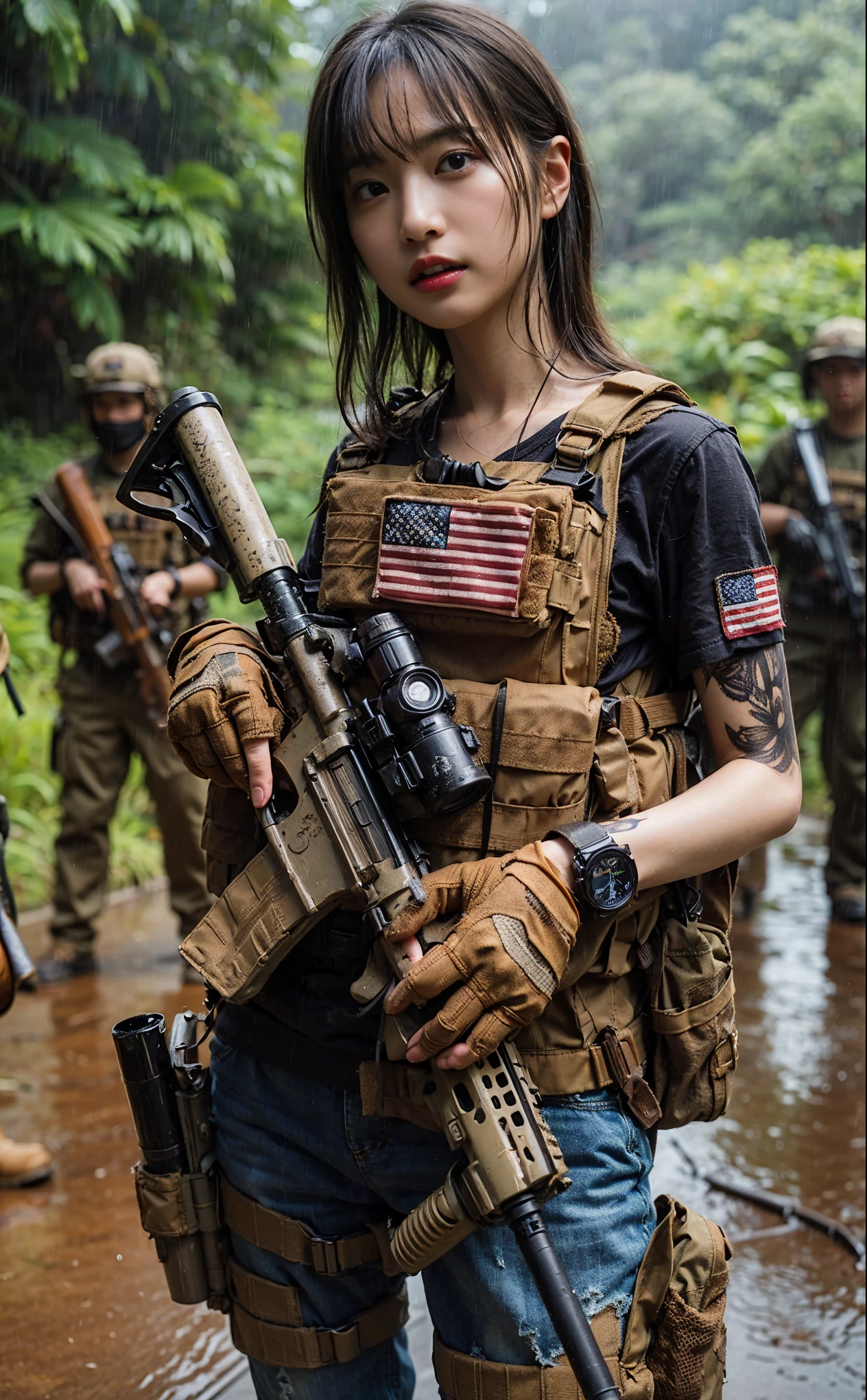8k,Realistic Photo、Realistic Skin Texture、Superrealism、Japanese women in the US Special Forces、jungle、rifle、Meeting with teammates to confirm strategy、Vigilance、after the rain、Bulletproof vest、Watch on left arm、Tshirt、Military Pants、Jungle boots、Tattoo、humidity、Sweat running down my face、gesture、discussion、Dynamic pose、Watch the clock