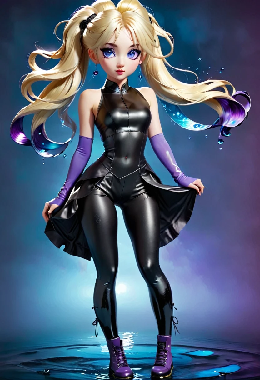 ((On the water floating))Is a beautiful girl with blue-diamond cloured eyes long blonde ponytail . The Character's ponytail reaches to her knees. Wearing long black socks. Black leather short pants, black tank top under a purple bolero