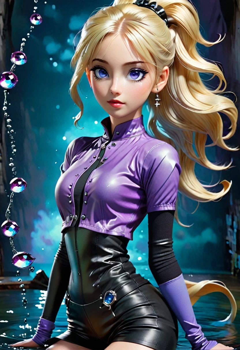 ((On the water floating))Is a beautiful girl with blue-diamond cloured eyes long blonde ponytail . The Character's ponytail reaches to her knees. Wearing long black socks. Black leather short pants, black tank top under a purple bolero