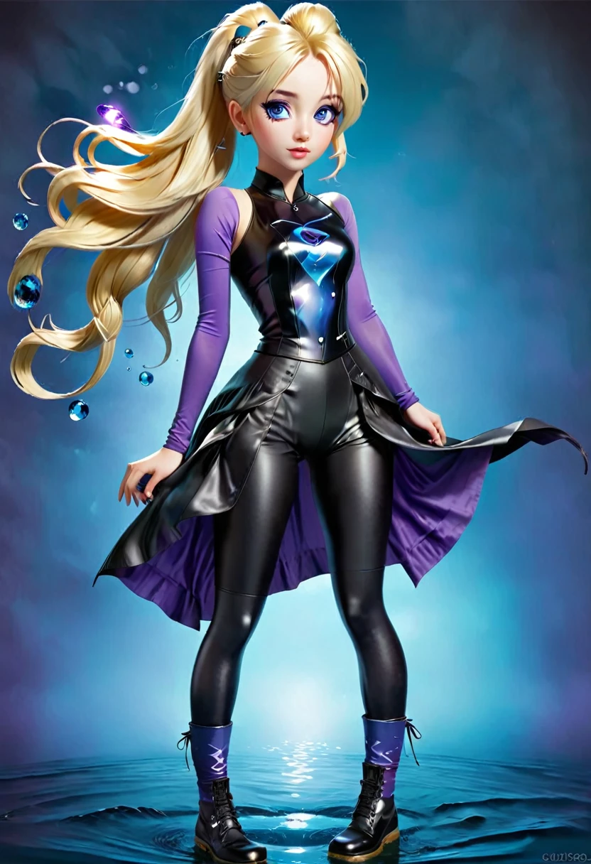 ((On the water floating))Is a beautiful girl with blue-diamond cloured eyes long blonde ponytail . The Character's ponytail reaches to her knees. Wearing long  black socks. Black leather short pants, black tank top under a purple bolero