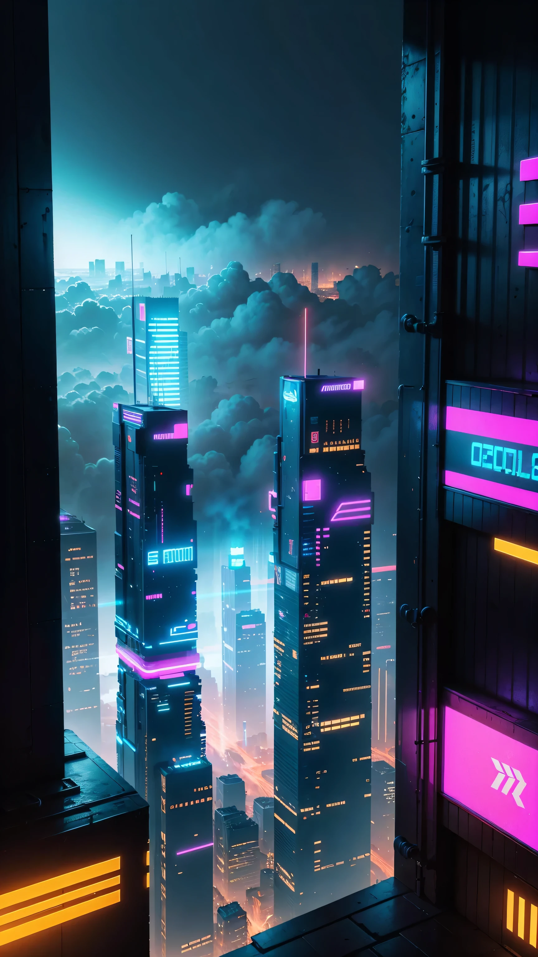 view seen from an building cyberpunk city, neon lights, fog, night, realistic, 8K highest quality,ultra high resolution,Super detailed,8K,photorealistic,best aesthetic,beautiful