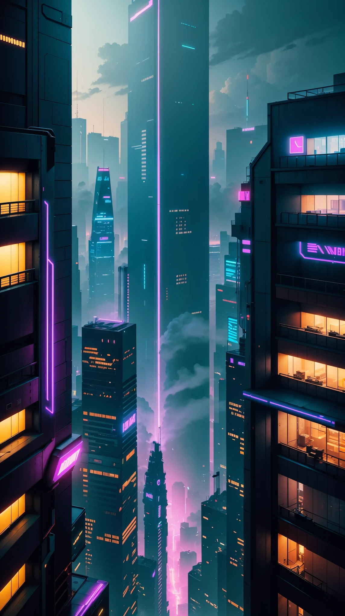 view seen from an building cyberpunk city, neon lights, fog, night, realistic, 8K highest quality,ultra high resolution,Super detailed,8K,photorealistic,best aesthetic,beautiful