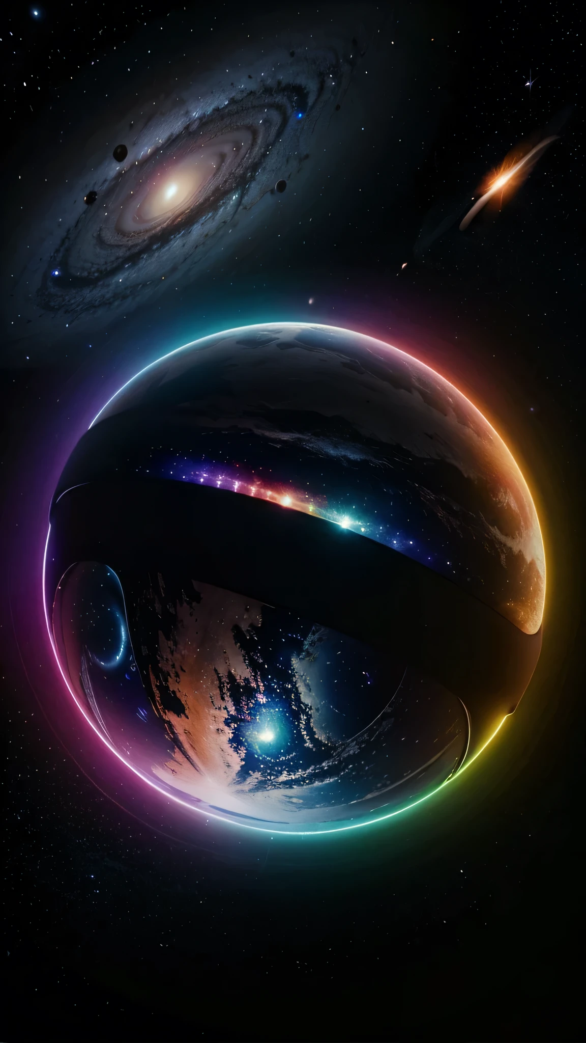 Galaxy with neon style planets in the dark