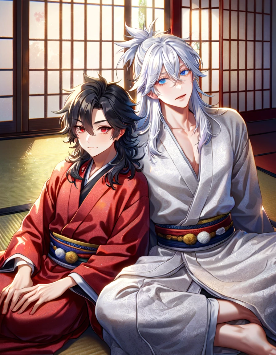 absurdres, highres, ultra detailed, HDR, master piece, best quality, extremely detailed face, delicated features, Xue Yu, untamed spiky hair, black hair, hair between the eyes, expressive red eyes, Thousand Years War, Gojou Satoru, white long hair, expressive blue eyes, two sexy men sitting together, gay couple, handsome, red robes, white robes, Japanese traditional house, tatami