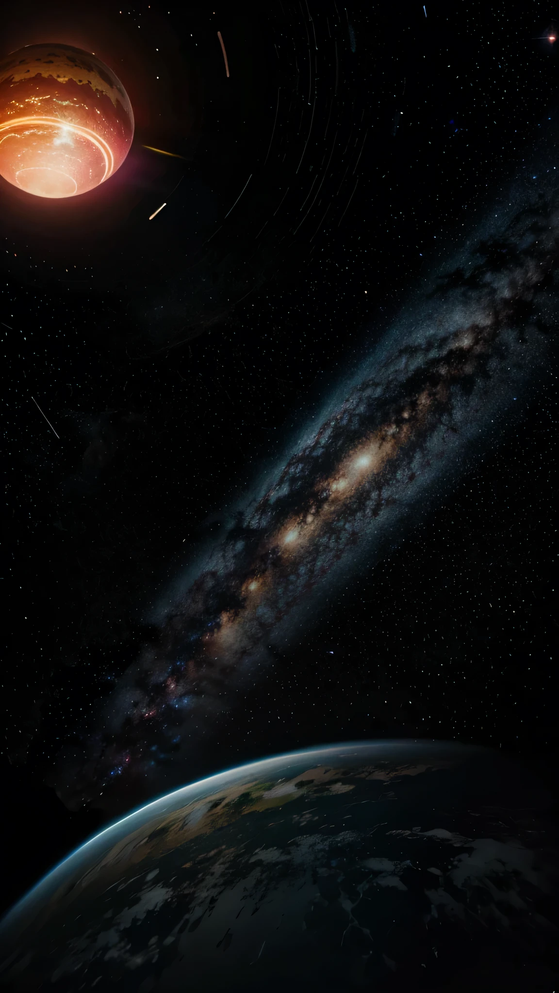 Galaxy with neon style planets in the dark
