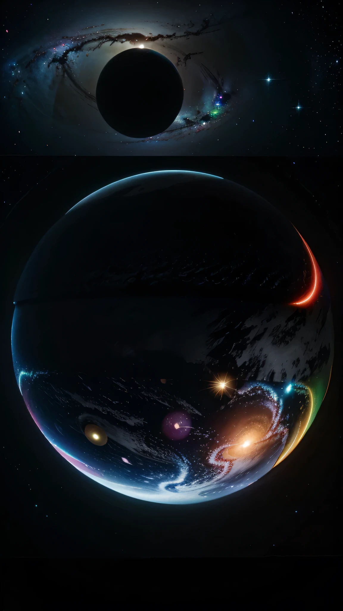 Galaxy with neon style planets in the dark