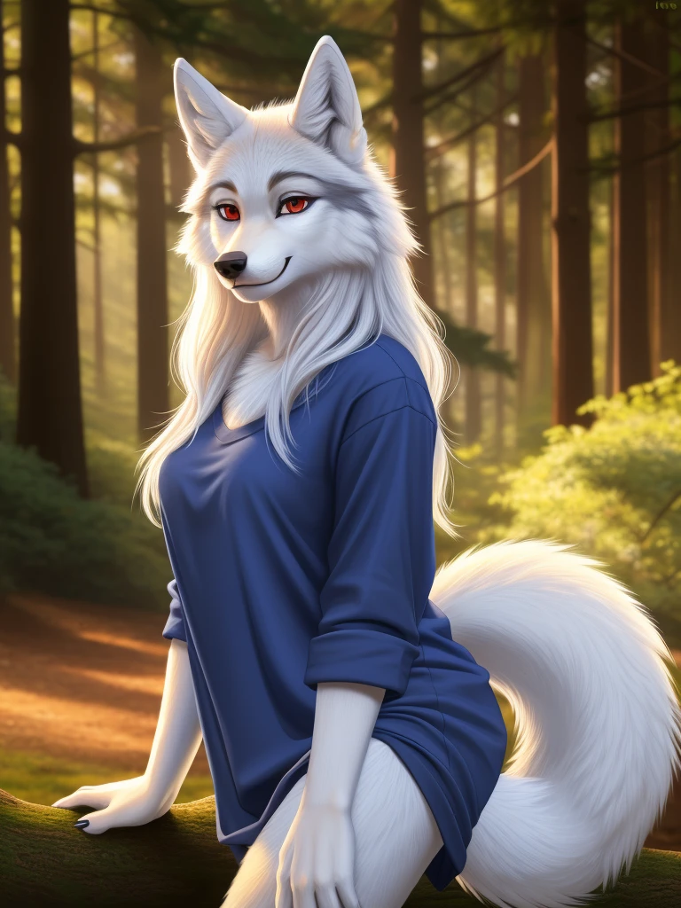 Posing, Female, 30 years old, cute, eyeliner, long hair, biting lip smile, blue shirt, bedroom eyes, anthro, wolf ears, (white fur:1.5), baggy shirt, wolf, forest background, 8k, hi res, (best quality, masterpiece), red eyes, (wolf tail:1.5), in back turned posing 