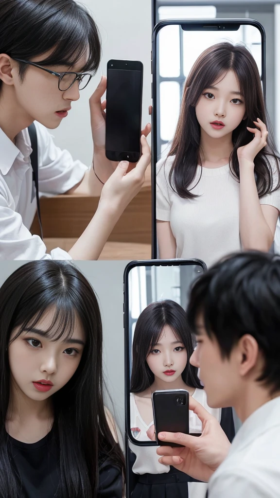  (high quality), (NSFW:1.2), split screen, delinquent, Mature high school girl and Korean adult man enjoying smartphone chatting app, Her smartphone display shows a number of adult Korean men having a conversation with a high school girl..., Chat language is English., The men are waiting for her reaction, pop-up window, there&#39;still, The man is asking her to chat on his smartphone screen. Chat takes place alternately between women and men....