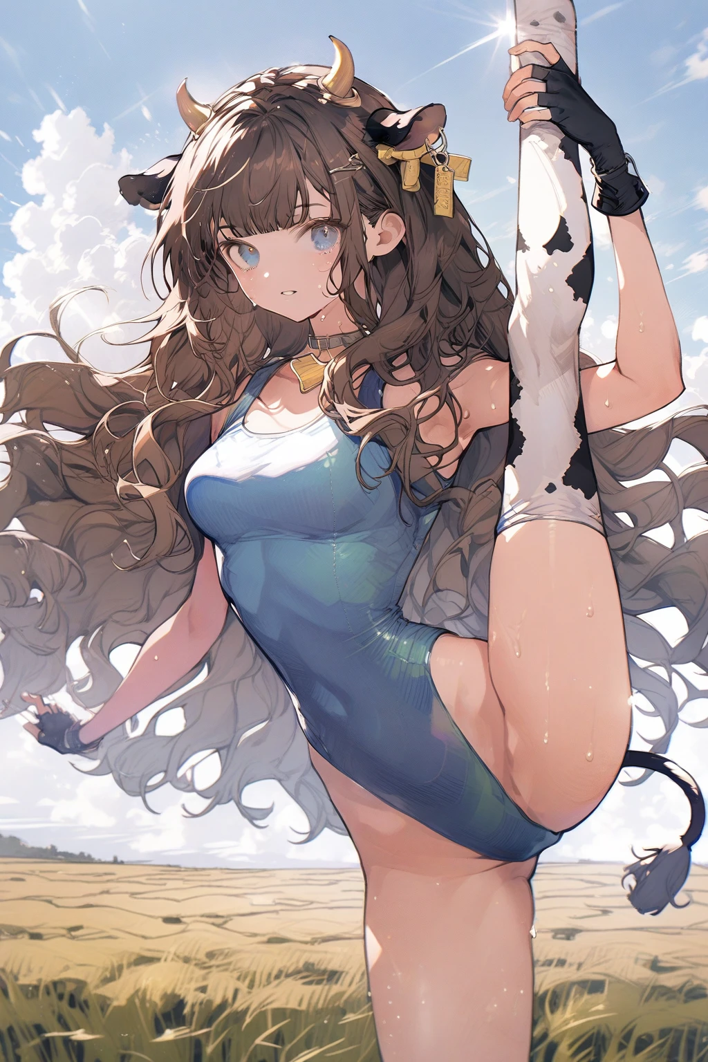 1 girl, CuteStyle, blue eyes, brown hair, long hair with bangs, standing_split, flowing hair, dressed in leotard, cow print, cow ears, cow tail, fingerless black gloves, neckline, medium chest, large hips, standing outside in the middle of a field, day, beautiful clouds, sweat on all over the body, specks of dust in the air, looking at the viewer, background color, detailed, beautiful, delicate tones
