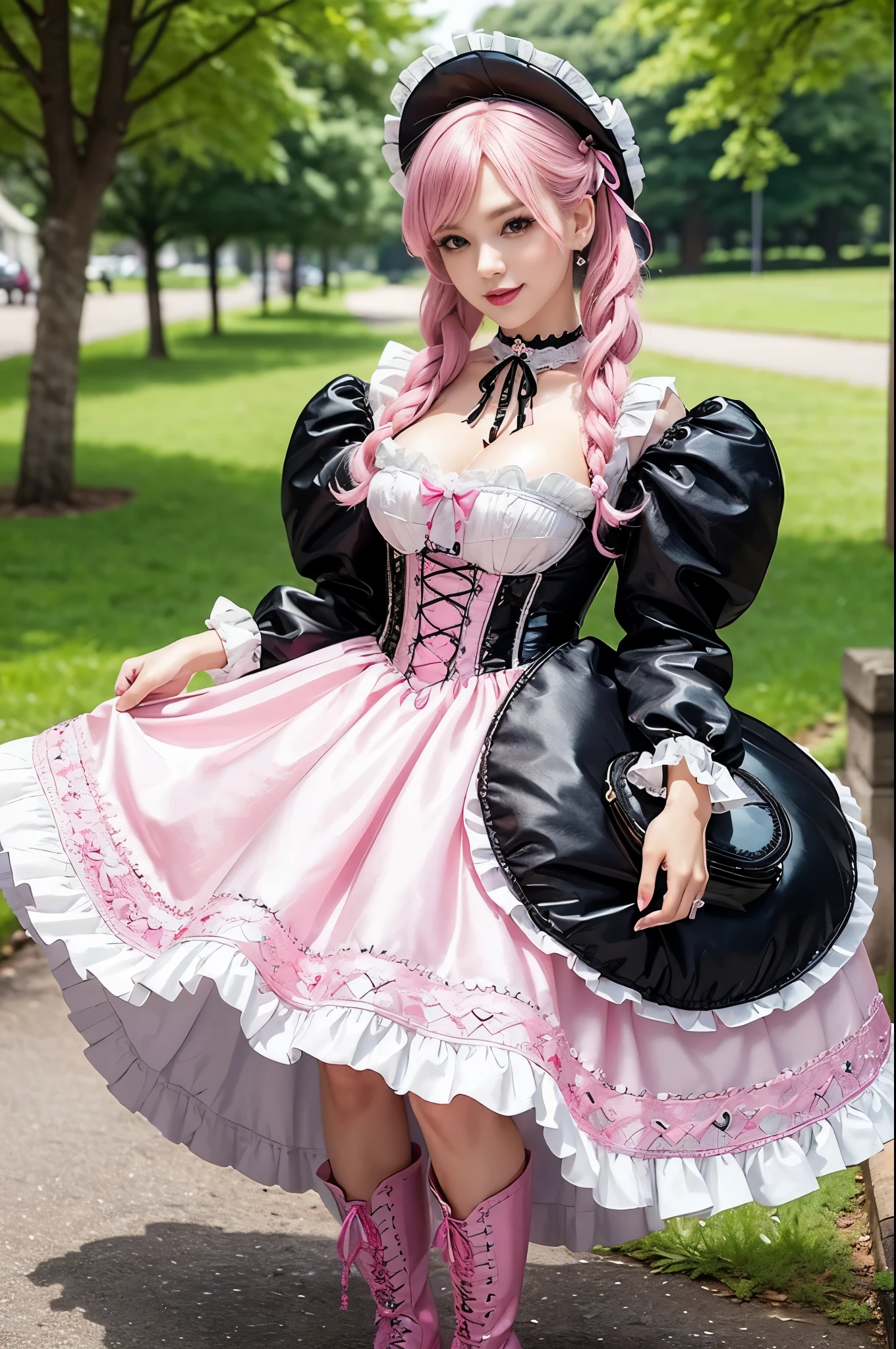 sexy stylish Swedish model, only 1 female, ((doll-like appearance)), long neon pink stylish hair, ((shiny Victorian-Style boots)), (big smile), ultra detailed eyes, very detailed eye makeup, lip-gloss, long lashes, defined eyebrows, ((sexy Sweet Lolita cosplay)), bell-shaped skirt, petticoats, high neckline, puffed sleeves, ((ultra detailed lace)), ((ultra detailed embroidery)), intricate details, animals, fairy tales, heart-shaped bag, Sweet Lolita accessoires, large bow, Sweet Lolita choker, ((large sparkling Sweet Lolita jewelry)), cinematic light, detailed large park background with trees