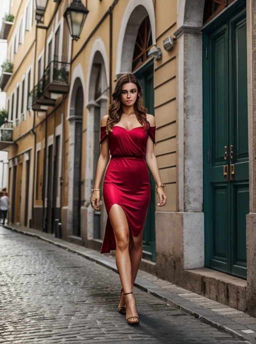 Mulher 30 anos extremamente realista, estilo latina usando vestido longo vermelho, cintura fina, rosto detalhado muito realista, cabelos longos, usando vestido longo tecido seda vermelho, pele brilhante detalhes realista, posando de corpo completo, andando em uma rua, pousando de lado olhando para traz, mulher muito bonita cintura fina bumbum alto, usando vestido longo de seda, detalhes das dobras do vestido , cor vibrante brilhante,