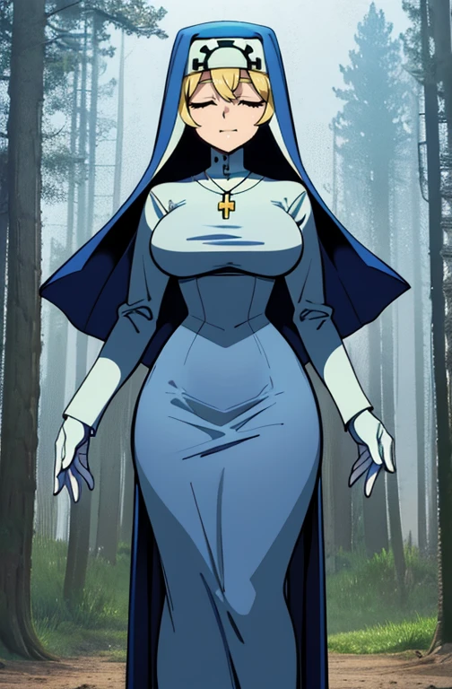 Double, short blonde hair, medium breasts, solo, smiling, cowboy shot, closed eyes, 
 blue habit, cross necklace ,white gloves, long sleeves, nun, long skirts, full body view 
(insanely detailed, beautiful detailed face,beautiful detailed eyes, masterpiece, best quality) forest 
   