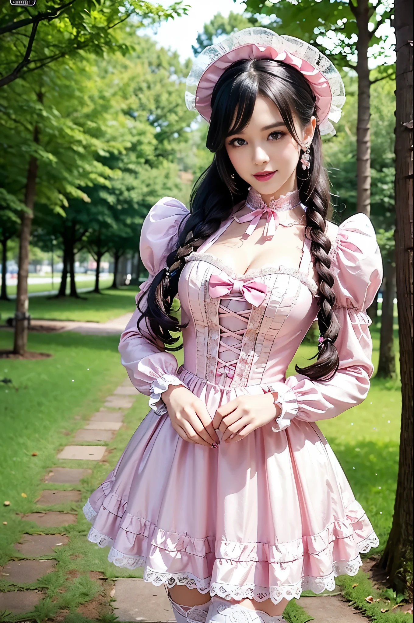 sexy stylish Swedish model, only 1 female, ((doll-like appearance)), long neon pink stylish hair, ((shiny Victorian-Style boots)), (big smile), ultra detailed eyes, very detailed eye makeup, lip-gloss, long lashes, defined eyebrows, ((sexy Sweet ta cosplay)), bell-shaped skirt, petticoats, high neckline, puffed sleeves, ((ultra detailed lace)), ((ultra detailed embroidery)), intricate details, animals, fairy tales, heart-shaped bag, Sweet Loliccessoires, large bow, Sweet Lolita cr, ((large sparkling Sweet Lolita jewel, cinematic light, detailed large park background with trees