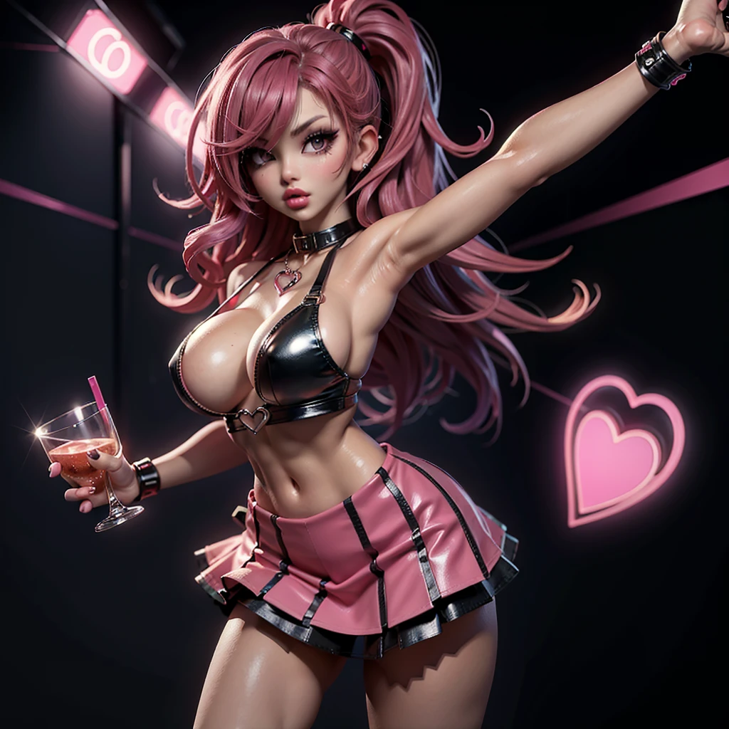 A beautiful stunning sexy gal holding a glass heart at her waist containing small pink paper hearts, wearing black and pink mini skirt, pink bikini, punk gal attitude, sexy chick, punk Harajuku style, neon red hair, full front view facing the camera, 8k resolution, professional photography, hyperdetailed,