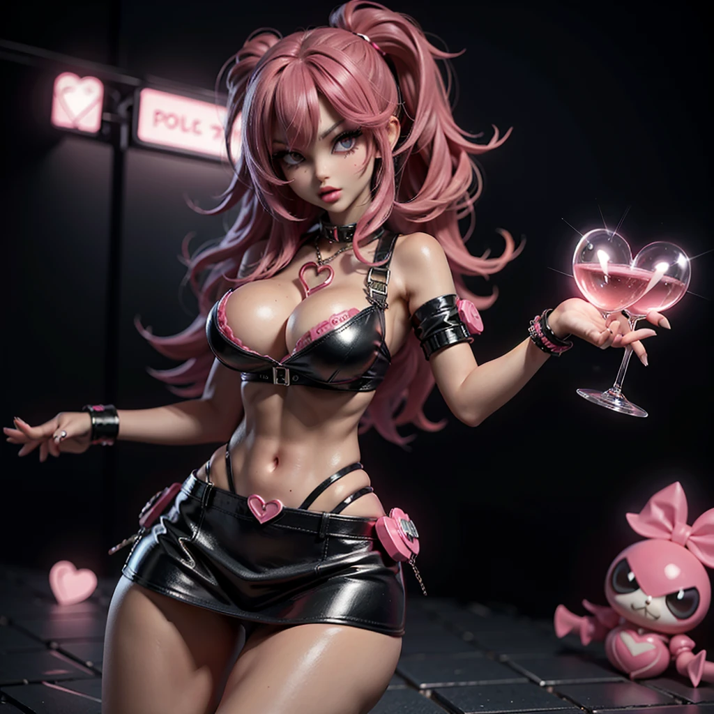 A beautiful stunning sexy gal holding a glass heart at her waist containing small pink paper hearts, wearing black and pink mini skirt, pink bikini, punk gal attitude, sexy chick, punk Harajuku style, neon red hair, full front view facing the camera, 8k resolution, professional photography, hyperdetailed,
