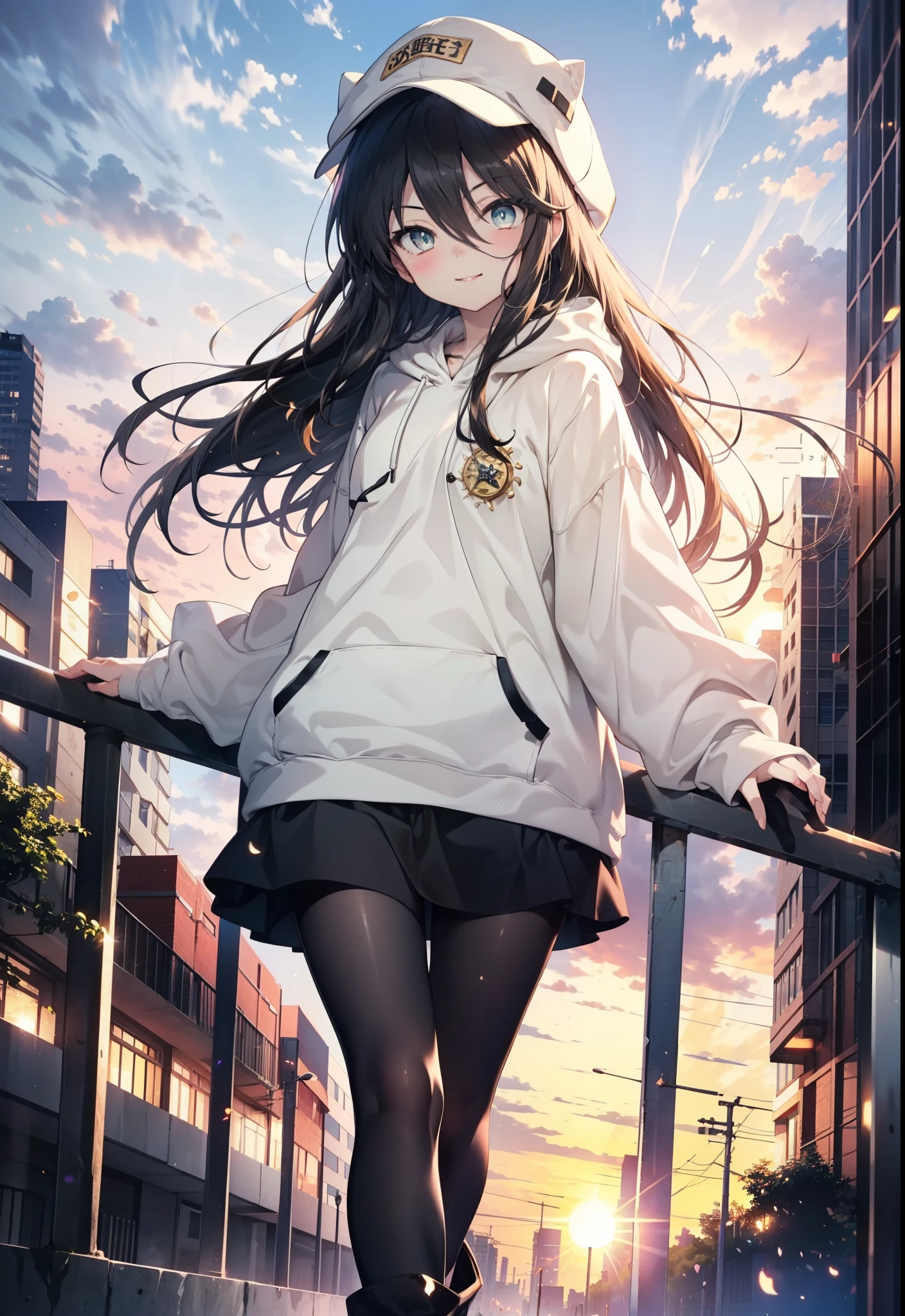 Shana,灼眼のShana,Long Hair,Black, Iris, Small breasts,happy smile, smile, Close your mouth,blush,Applejack Hat,Oversized red hoodie,Black long skirt,Black pantyhose,short boots,walking,morning,morning陽,The sun is rising,whole bodyがイラストに入るように,
break looking at viewer, whole body,
break outdoors, Building district,
break (masterpiece:1.2), highest quality, High resolution, unity 8k wallpaper, (shape:0.8), (Beautiful and beautiful eyes:1.6), Highly detailed face, Perfect lighting, Highly detailed CG, (Perfect hands, Perfect Anatomy),