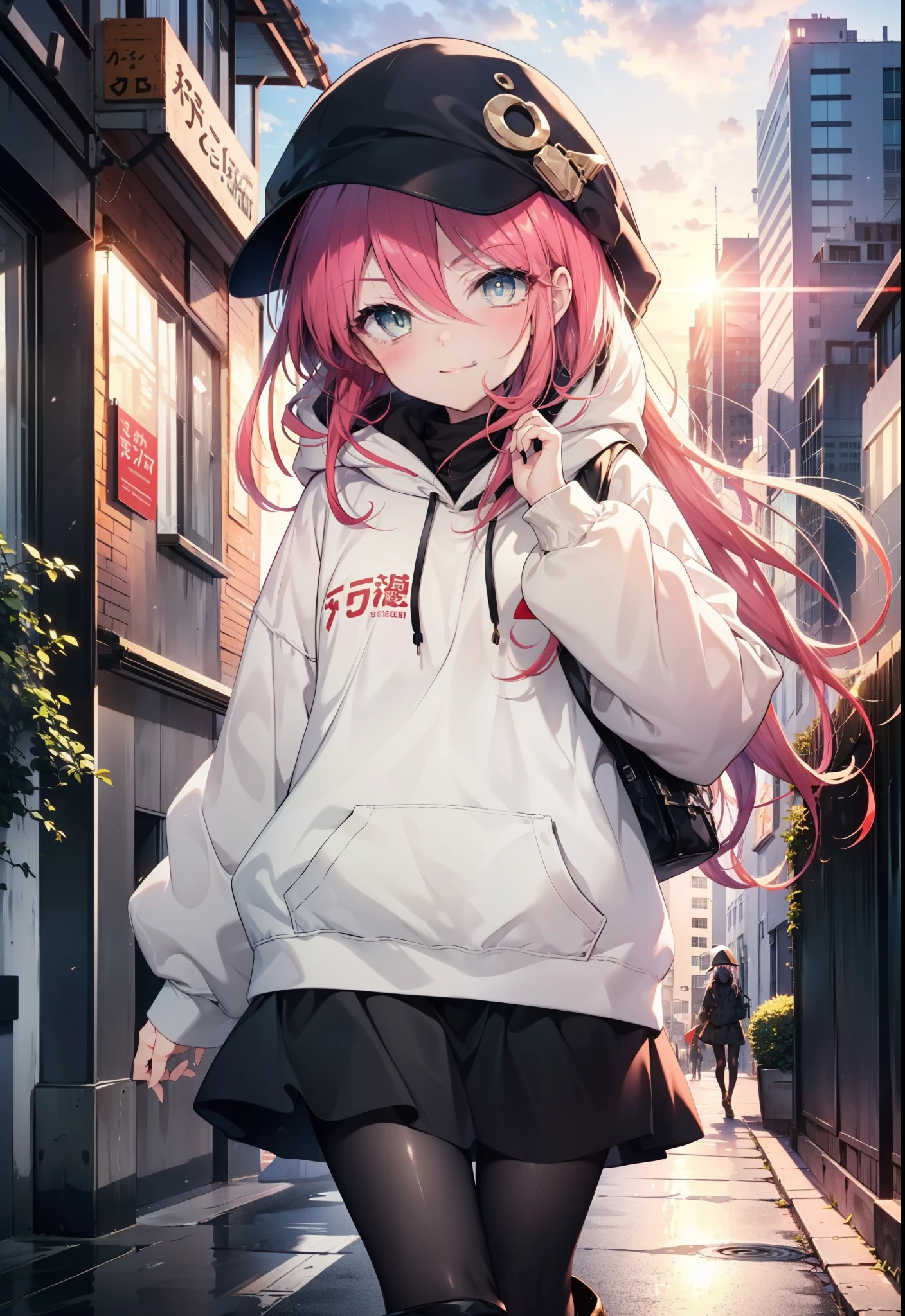 Shana,灼眼のShana,Long Hair,Black, Iris, Small breasts,happy smile, smile, Close your mouth,blush,Applejack Hat,Oversized red hoodie,Black long skirt,Black pantyhose,short boots,walking,morning,morning陽,The sun is rising,whole bodyがイラストに入るように,
break looking at viewer, whole body, 
break outdoors, Building district,
break (masterpiece:1.2), highest quality, High resolution, unity 8k wallpaper, (shape:0.8), (Beautiful and beautiful eyes:1.6), Highly detailed face, Perfect lighting, Highly detailed CG, (Perfect hands, Perfect Anatomy),