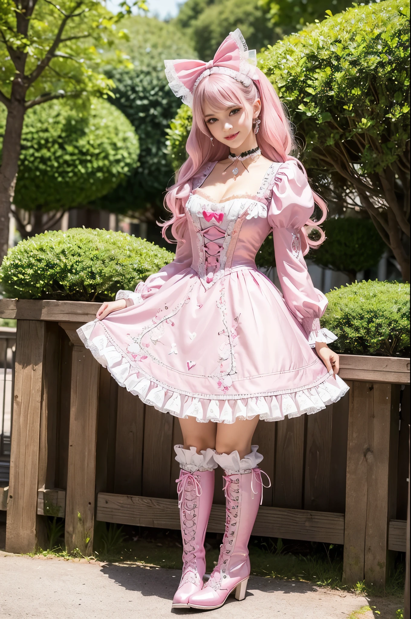 sexy stylish Swedish model, only 1 female, ((doll-like appearance)), long neon pink stylish hair, ((shiny Victorian-Style boots)), (big smile), ultra detailed eyes, very detailed eye makeup, lip-gloss, long lashes, defined eyebrows, ((sexy Sweet Lolita cosplay)), bell-shaped skirt, petticoats, high neckline, puffed sleeves, ((ultra detailed lace)), ((ultra detailed embroidery)), intricate details, animals, fairy tales, heart-shaped bag, Sweet Lolita accessoires, large bow, Sweet Lolita choker, ((large sparkling Sweet Lolita jewelry)), cinematic light, detailed large park background with trees