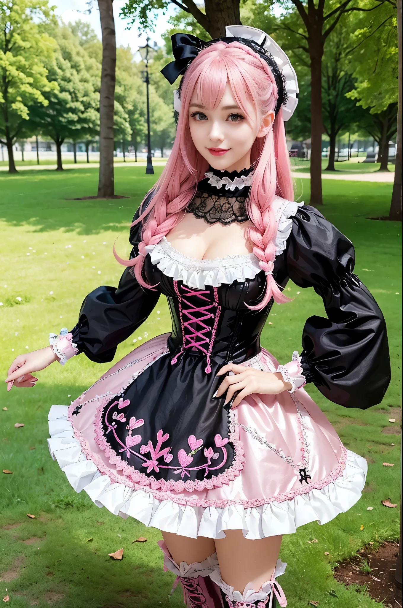 sexy stylish Swedish model, only 1 female, ((doll-like appearance)), long neon pink stylish hair, ((shiny Victorian-Style boots)), (big smile), ultra detailed eyes, very detailed eye makeup, lip-gloss, long lashes, defined eyebrows, ((sexy Sweet Lolita cosplay)), bell-shaped skirt, petticoats, high neckline, puffed sleeves, ((ultra detailed lace)), ((ultra detailed embroidery)), intricate details, animals, fairy tales, heart-shaped bag, Sweet Lolita accessoires, large bow, Sweet Lolita choker, ((large sparkling Sweet Lolita jewelry)), cinematic light, detailed large park background with trees
