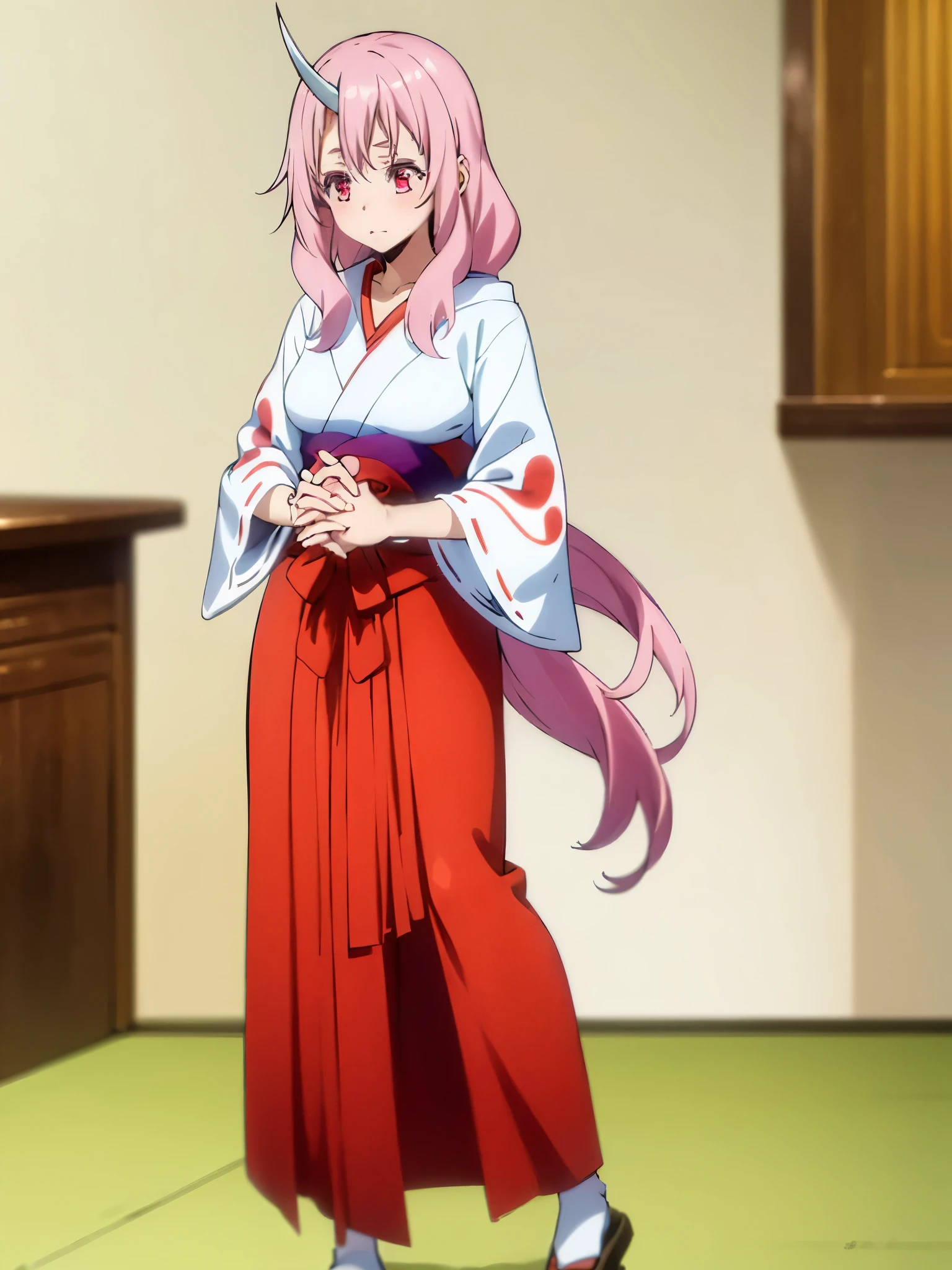 NSFW,(One girl:1.5),Red and white kimono,Long Hair,Pink Hair,Pink Eyes,horn,(Perfect hands),(Perfect Anatomy),(masterpiece),(highest quality)