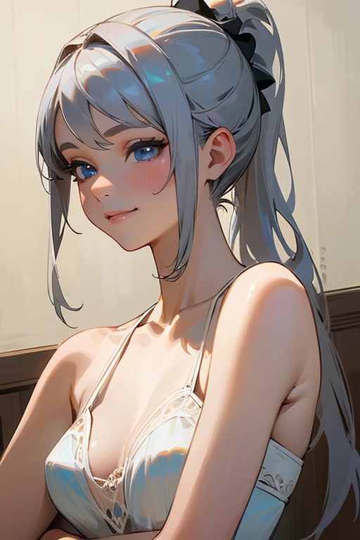 (masterpiece: 1.2, highest quality), (Actual Photos, Intricate details), 1. woman, alone, Upper Body, casual, Shoulder-length hair, Minimal makeup, Natural materials, Face close-up, smile, Home, Gray Hair, blue eyes, Shoulder Bare、ponytail、Sexy Swimsuit、