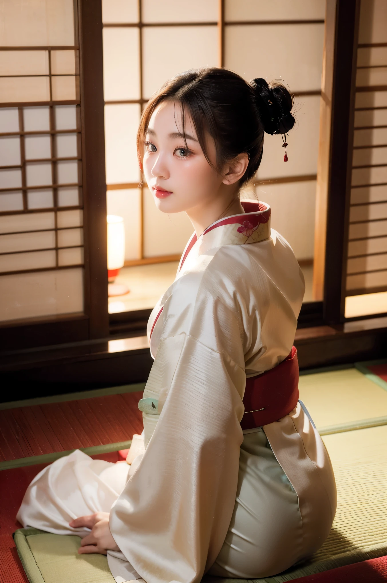 photorealistic, solo, beautiful Japan woman, traditional kimono, natural figure, soft smile, impressive gaze, traditional hairstyle, Japanese room at dusk, sitting by the window, illuminated by city lights, (attractive pose), professional photographer, shallow depth of field, backlit,