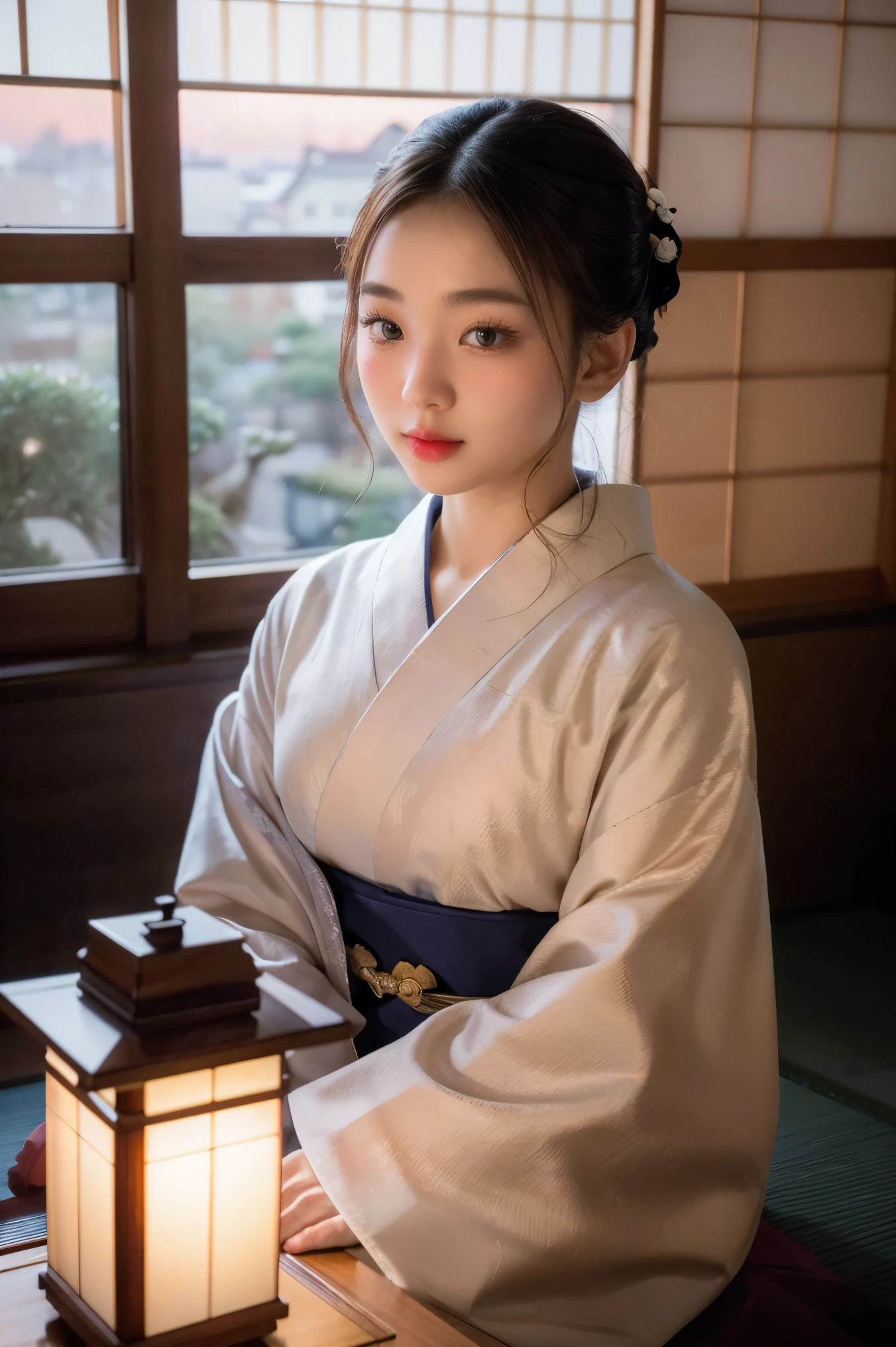 photorealistic, solo, beautiful Japan woman, traditional kimono, natural figure, soft smile, impressive gaze, traditional hairstyle, Japanese room at dusk, sitting by the window, illuminated by city lights, (attractive pose), professional photographer, shallow depth of field, backlit,