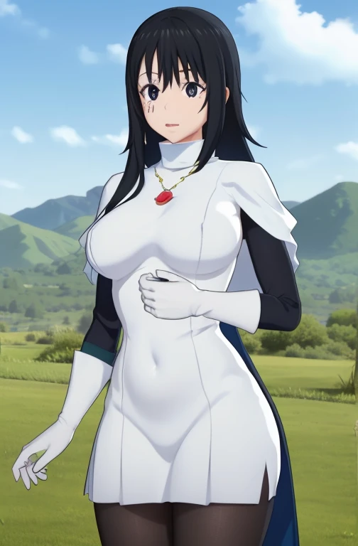 standing in front of a mountain range with trees and clouds,
 white shirt ,black leggings, cape, jacket,blue collared shirt,
bangs,black_hair,blue_eyes,long_hair,turtleneck,
1 girl, 20yo,mature female,Beautiful Finger,Beautiful long legs,Beautiful body,Beautiful Nose,Beautiful character design, perfect eyes, perfect face,
looking at viewer, (innocent_big_eyes:1.0),(expressionless:1.3),
NSFW,official art,extremely detailed CG unity 8k wallpaper, perfect lighting,Colorful, Bright_Front_face_Lighting,
(masterpiece:1.0),(best_quality:1.0), ultra high res,4K,ultra-detailed,
photography, 8K, HDR, highres, absurdres:1.2, Kodak portra 400, film grain, blurry background, bokeh:1.2, lens flare, (vibrant_color:1.2)
(Beautiful,large_Breasts:1.4), (beautiful_face:1.5),(narrow_waist),