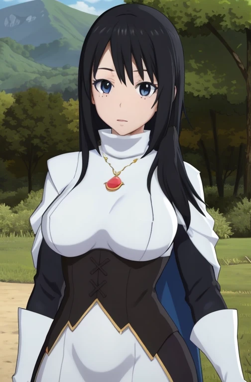 standing in front of a mountain range with trees and clouds,
 white shirt ,black leggings, cape, jacket,blue collared shirt,
bangs,black_hair,blue_eyes,long_hair,turtleneck,
1 girl, 20yo,mature female,Beautiful Finger,Beautiful long legs,Beautiful body,Beautiful Nose,Beautiful character design, perfect eyes, perfect face,
looking at viewer, (innocent_big_eyes:1.0),(expressionless:1.3),
NSFW,official art,extremely detailed CG unity 8k wallpaper, perfect lighting,Colorful, Bright_Front_face_Lighting,
(masterpiece:1.0),(best_quality:1.0), ultra high res,4K,ultra-detailed,
photography, 8K, HDR, highres, absurdres:1.2, Kodak portra 400, film grain, blurry background, bokeh:1.2, lens flare, (vibrant_color:1.2)
(Beautiful,large_Breasts:1.4), (beautiful_face:1.5),(narrow_waist),