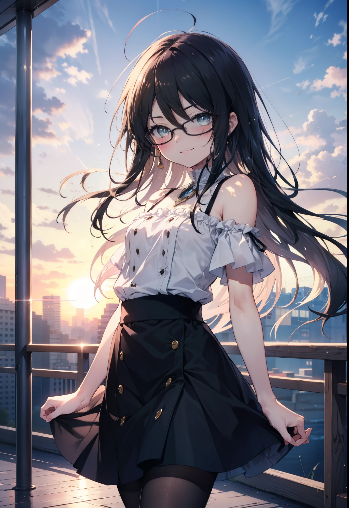 Shana,灼眼のShana,Ahoge,Long Hair,Black, Iris, Small breasts,happy smile, smile, Close your mouth,blush,Black-rimmed glasses,Cold shoulder tops,Short sleeve,Long skirt,Black pantyhose,Stiletto heels,walking,morning,morning陽,The sun is rising,whole bodyがイラストに入るように,
break looking at viewer, whole body, (Cowboy Shot:1. 5)
break outdoors, Building district,
break (masterpiece:1.2), highest quality, High resolution, unity 8k wallpaper, (shape:0.8), (Beautiful and beautiful eyes:1.6), Highly detailed face, Perfect lighting, Highly detailed CG, (Perfect hands, Perfect Anatomy),