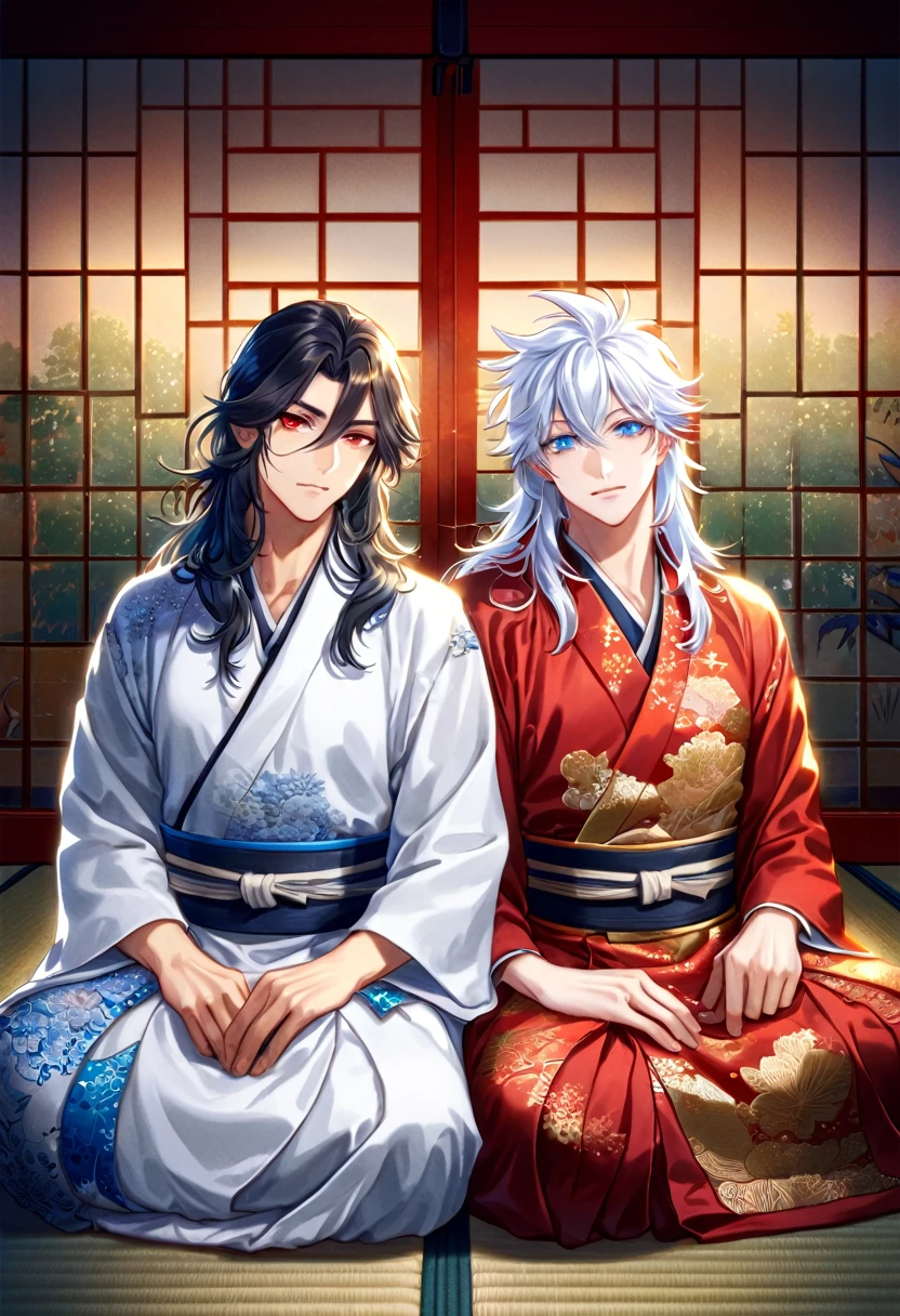 absurdres, highres, ultra detailed, HDR, master piece, best quality, extremely detailed face, delicated features, Xue Yu, untamed spiky hair, black long hair, hair between the eyes, expressive red eyes, Thousand Years War, Gojou Satoru, white long hair, expressive blue eyes, two sexy men sitting together, gay couple, handsome, red robes, white robes, Japanese traditional house, tatami