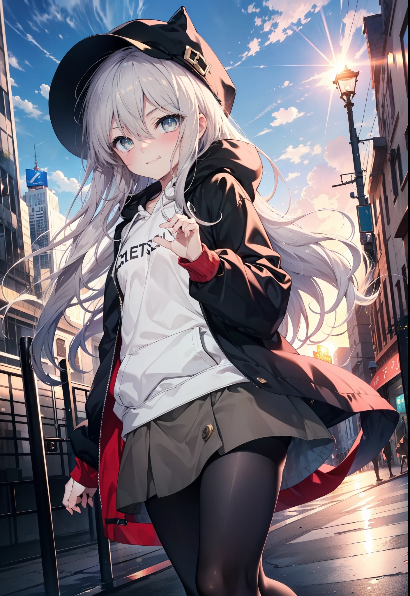 Shana,灼眼のShana,Long Hair,Black, Iris, Small breasts,happy smile, smile, Close your mouth,blush,Applejack Hat,Oversized red hoodie,Black long skirt,Black pantyhose,short boots,walking,morning,morning陽,The sun is rising,whole bodyがイラストに入るように,
break looking at viewer, whole body,
break outdoors, Building district,
break (masterpiece:1.2), highest quality, High resolution, unity 8k wallpaper, (shape:0.8), (Beautiful and beautiful eyes:1.6), Highly detailed face, Perfect lighting, Highly detailed CG, (Perfect hands, Perfect Anatomy),
