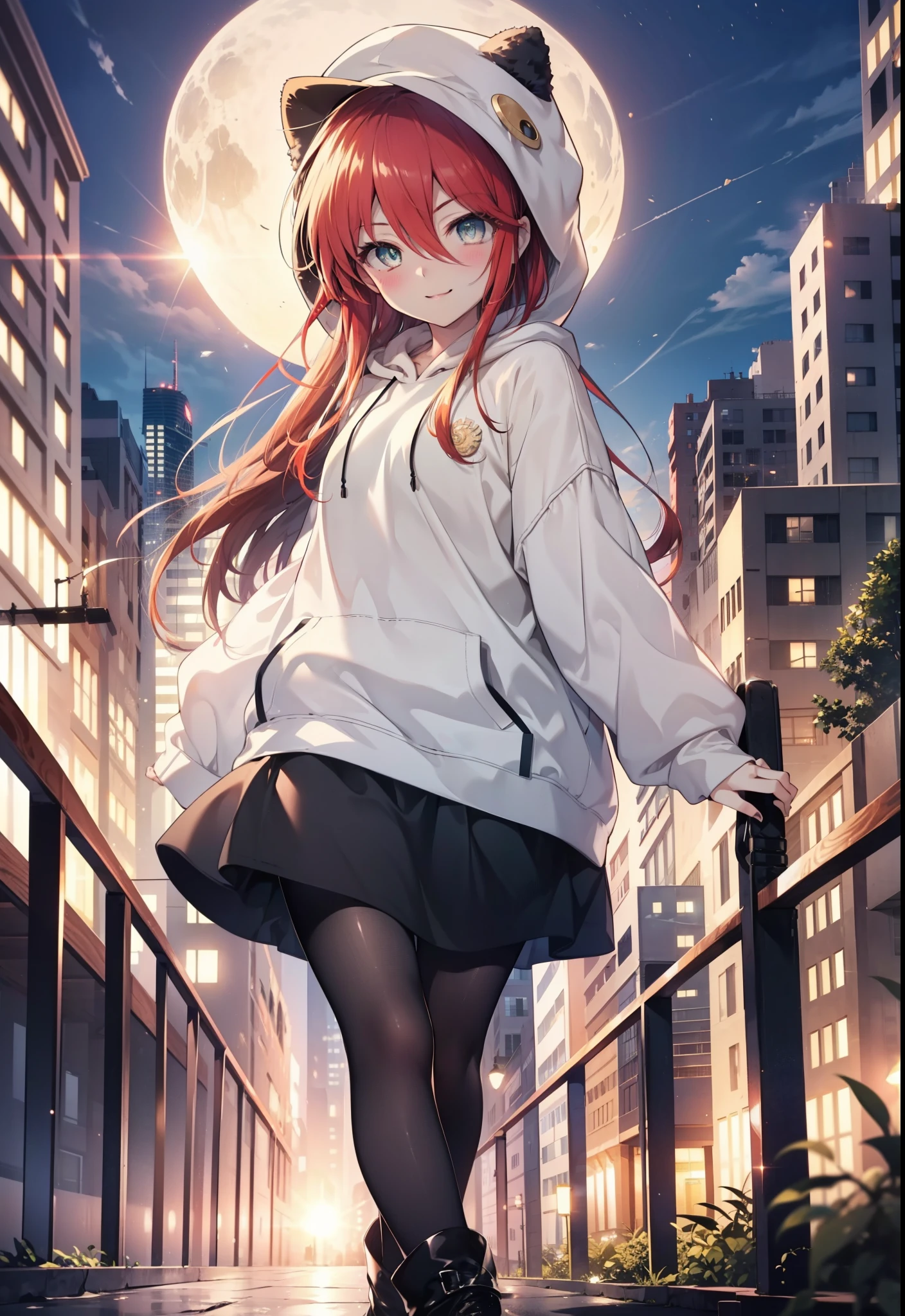Shana,灼眼のShana,Long Hair,Black, Iris, Small breasts,happy smile, smile, Close your mouth,blush,Applejack Hat,Oversized red hoodie,Black long skirt,Black pantyhose,short boots,walking,morning,morning陽,The sun is rising,whole bodyがイラストに入るように,
break looking at viewer, whole body, 
break outdoors, Building district,
break (masterpiece:1.2), highest quality, High resolution, unity 8k wallpaper, (shape:0.8), (Beautiful and beautiful eyes:1.6), Highly detailed face, Perfect lighting, Highly detailed CG, (Perfect hands, Perfect Anatomy),